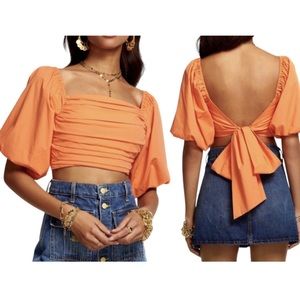 RAMY BROOK Parker Crop Top Square Neck Puffed Sleeve Tie Open Back Orange Size L